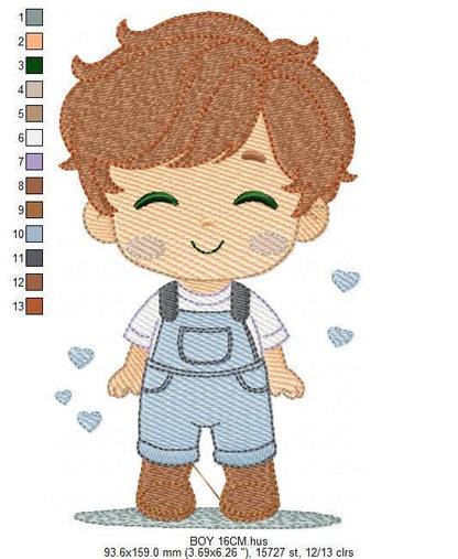 Boy with overall embroidery design - Children machine embroidery pattern - Baby Boy Kid with hearts file - Instant download pes jef dst hus