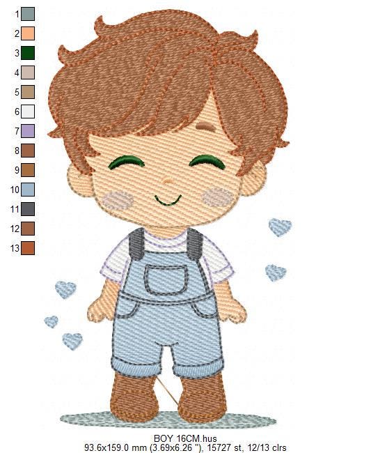 Boy with overall embroidery design - Children machine embroidery pattern - Baby Boy Kid with hearts file - Instant download pes jef dst hus
