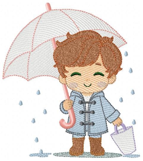 Baby boy with umbrella embroidery design - Boy in the rain machine embroidery pattern - Raining cold winter file - Instant download pes jef