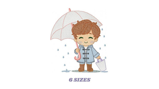 Baby boy with umbrella embroidery design - Boy in the rain machine embroidery pattern - Raining cold winter file - Instant download pes jef