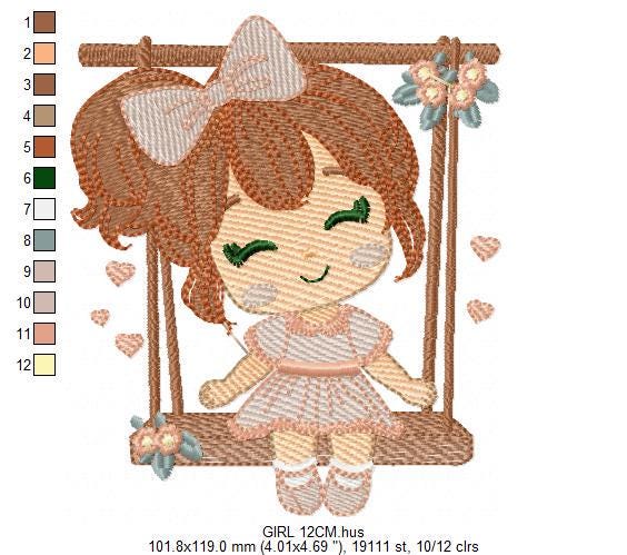 School Girl embroidery designs - Children playing machine embroidery pattern - Girl on swing with hearts file - Instant digital download pes
