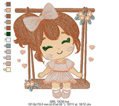 School Girl embroidery designs - Children playing machine embroidery pattern - Girl on swing with hearts file - Instant digital download pes