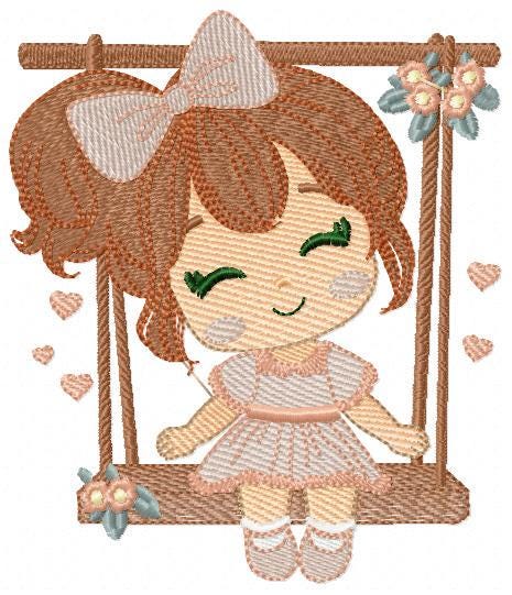 School Girl embroidery designs - Children playing machine embroidery pattern - Girl on swing with hearts file - Instant digital download pes