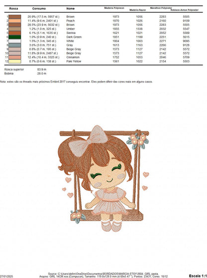 School Girl embroidery designs - Children playing machine embroidery pattern - Girl on swing with hearts file - Instant digital download pes