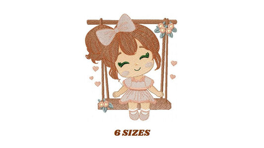 School Girl embroidery designs - Children playing machine embroidery pattern - Girl on swing with hearts file - Instant digital download pes