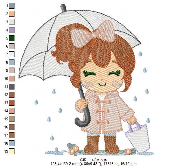 Baby girl with umbrella embroidery design - Girl in the rain machine embroidery pattern - Raining weather winter file - Instant download pes