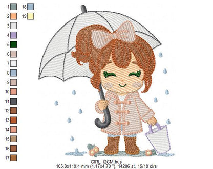 Baby girl with umbrella embroidery design - Girl in the rain machine embroidery pattern - Raining weather winter file - Instant download pes