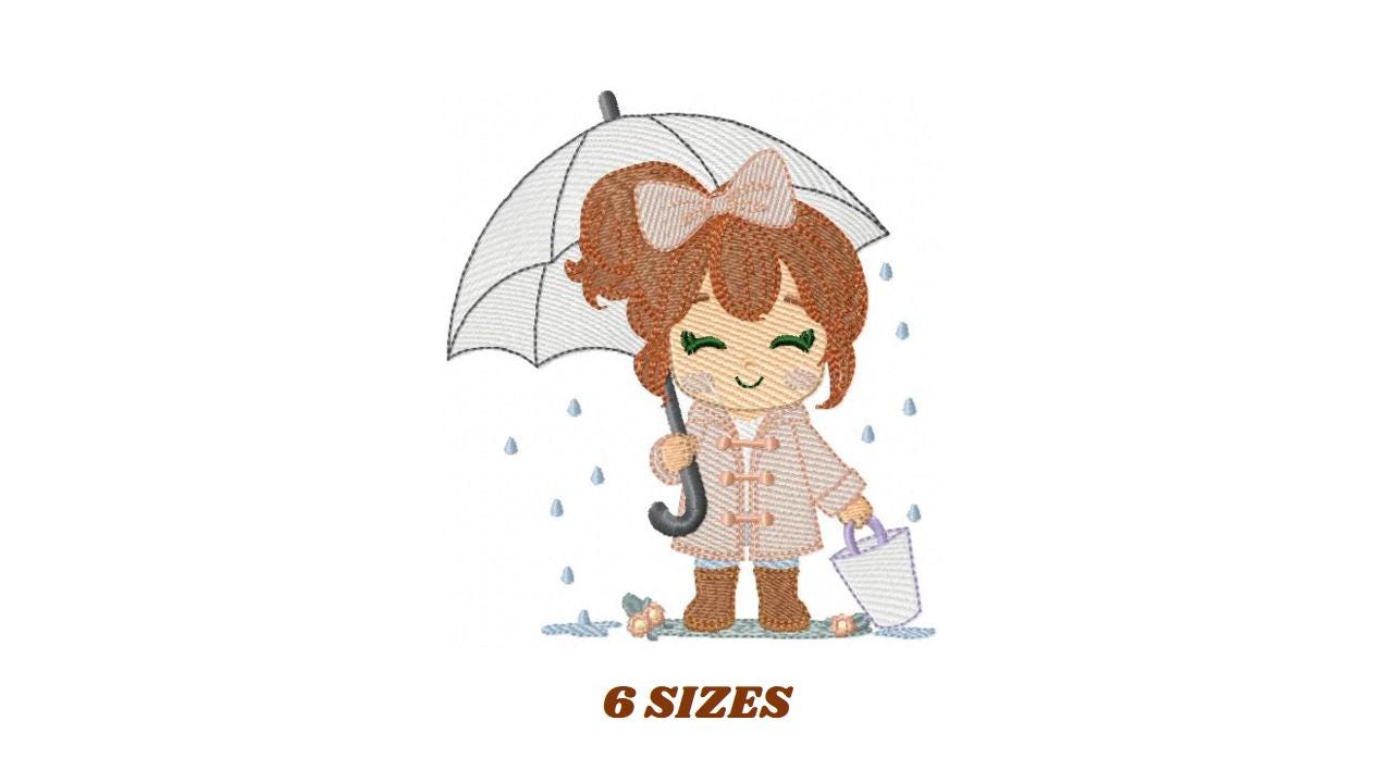 Baby girl with umbrella embroidery design - Girl in the rain machine embroidery pattern - Raining weather winter file - Instant download pes