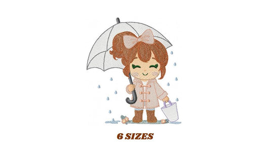 Baby girl with umbrella embroidery design - Girl in the rain machine embroidery pattern - Raining weather winter file - Instant download pes