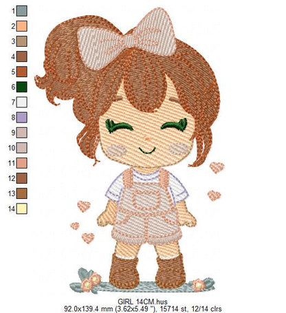 Baby Girl embroidery designs - Girl with lace and overall machine embroidery pattern - Girl with long hair file - Instant download pes jef