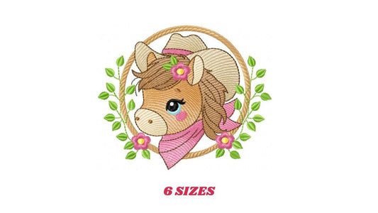 Horse embroidery design - Ranch Farm animals machine embroidery pattern - Baby Girl Cowgirl Horse with hat and bandana - Instant download