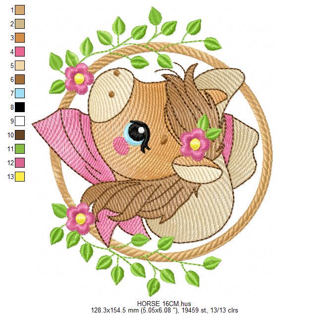 Horse embroidery design - Ranch Farm animals machine embroidery pattern - Baby Girl Cowgirl Horse with hat and bandana - Instant download