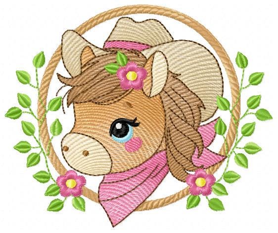 Horse embroidery design - Ranch Farm animals machine embroidery pattern - Baby Girl Cowgirl Horse with hat and bandana - Instant download