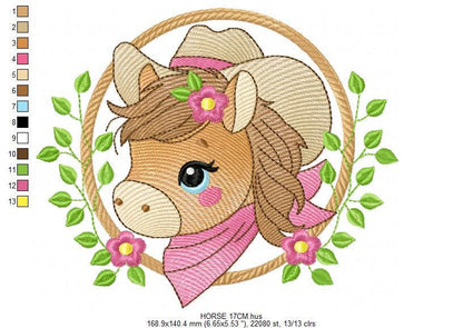 Horse embroidery design - Ranch Farm animals machine embroidery pattern - Baby Girl Cowgirl Horse with hat and bandana - Instant download