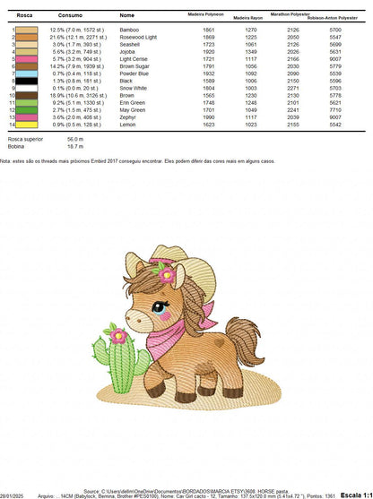 Horse embroidery design - Ranch Farm animal machine embroidery pattern - Cowgirl Horse with hat bandana flowers cactus - Instant download