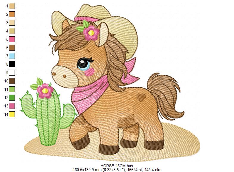 Horse embroidery design - Ranch Farm animal machine embroidery pattern - Cowgirl Horse with hat bandana flowers cactus - Instant download
