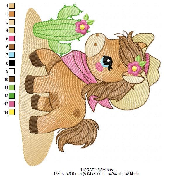 Horse embroidery design - Ranch Farm animal machine embroidery pattern - Cowgirl Horse with hat bandana flowers cactus - Instant download