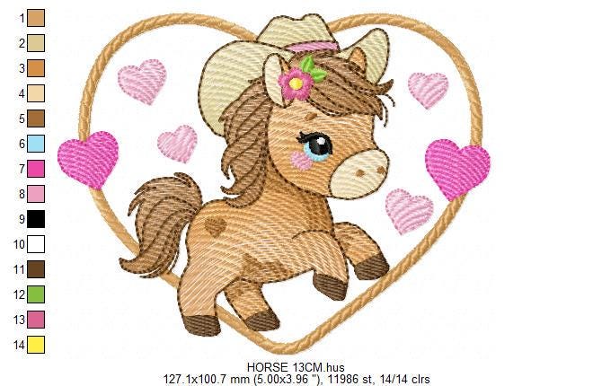 Horse embroidery design - Ranch Farm Animals machine embroidery pattern - Cowgirl Horse with hat and flowers file - Instant download pes jef