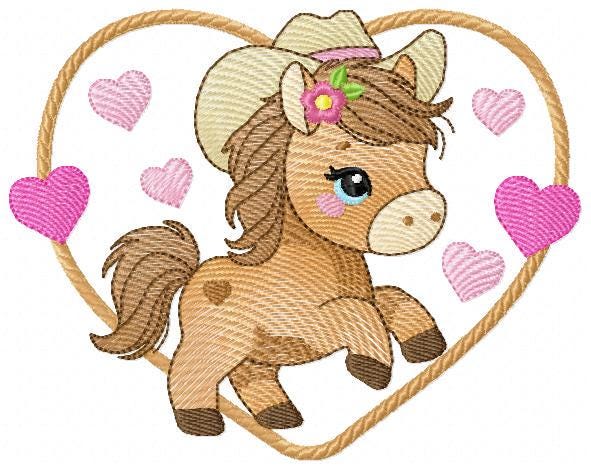 Horse embroidery design - Ranch Farm Animals machine embroidery pattern - Cowgirl Horse with hat and flowers file - Instant download pes jef