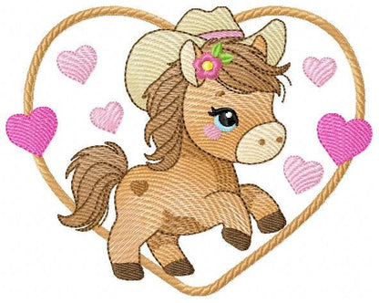 Horse embroidery design - Ranch Farm Animals machine embroidery pattern - Cowgirl Horse with hat and flowers file - Instant download pes jef