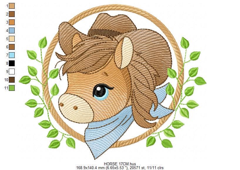 Cowboy Horse embroidery design - Farm animal machine embroidery pattern - Baby Boy Horse with hat and bandana file - Instant download pes