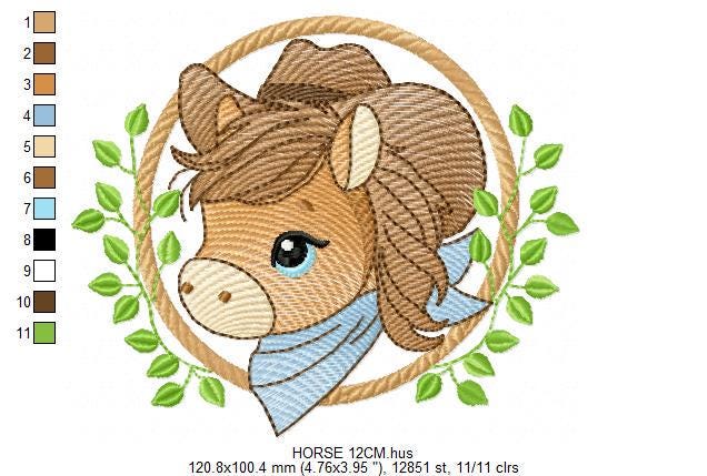 Cowboy Horse embroidery design - Farm animal machine embroidery pattern - Baby Boy Horse with hat and bandana file - Instant download pes