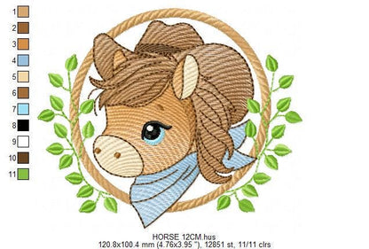 Cowboy Horse embroidery design - Farm animal machine embroidery pattern - Baby Boy Horse with hat and bandana file - Instant download pes