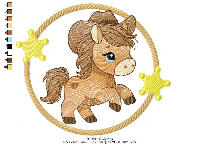 Horse embroidery design - Ranch Farm Animal machine embroidery pattern - Cowboy Horse with hat bandana and frame file - Instant download pes