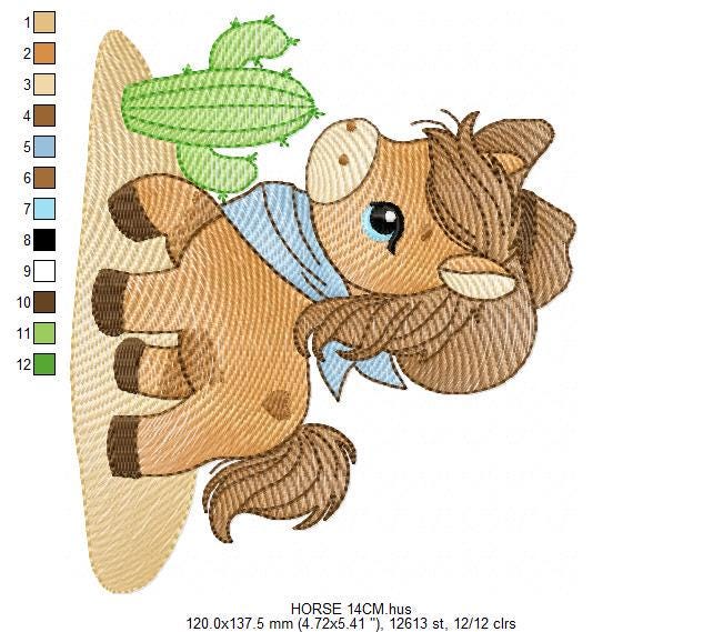 Horse embroidery design - Farm ranch animal machine embroidery pattern - Cowboy Horse with hat and bandana file - Instant download pes jef