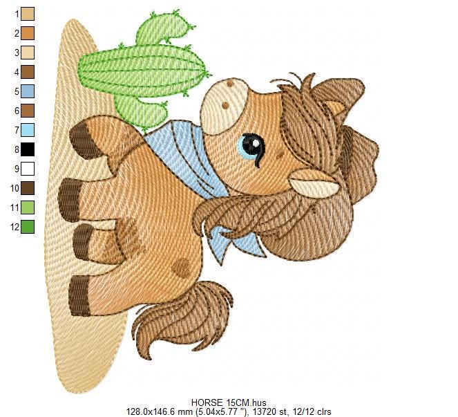 Horse embroidery design - Farm ranch animal machine embroidery pattern - Cowboy Horse with hat and bandana file - Instant download pes jef