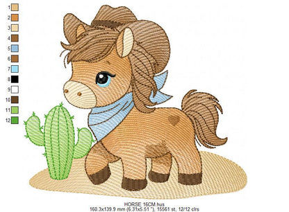 Horse embroidery design - Farm ranch animal machine embroidery pattern - Cowboy Horse with hat and bandana file - Instant download pes jef