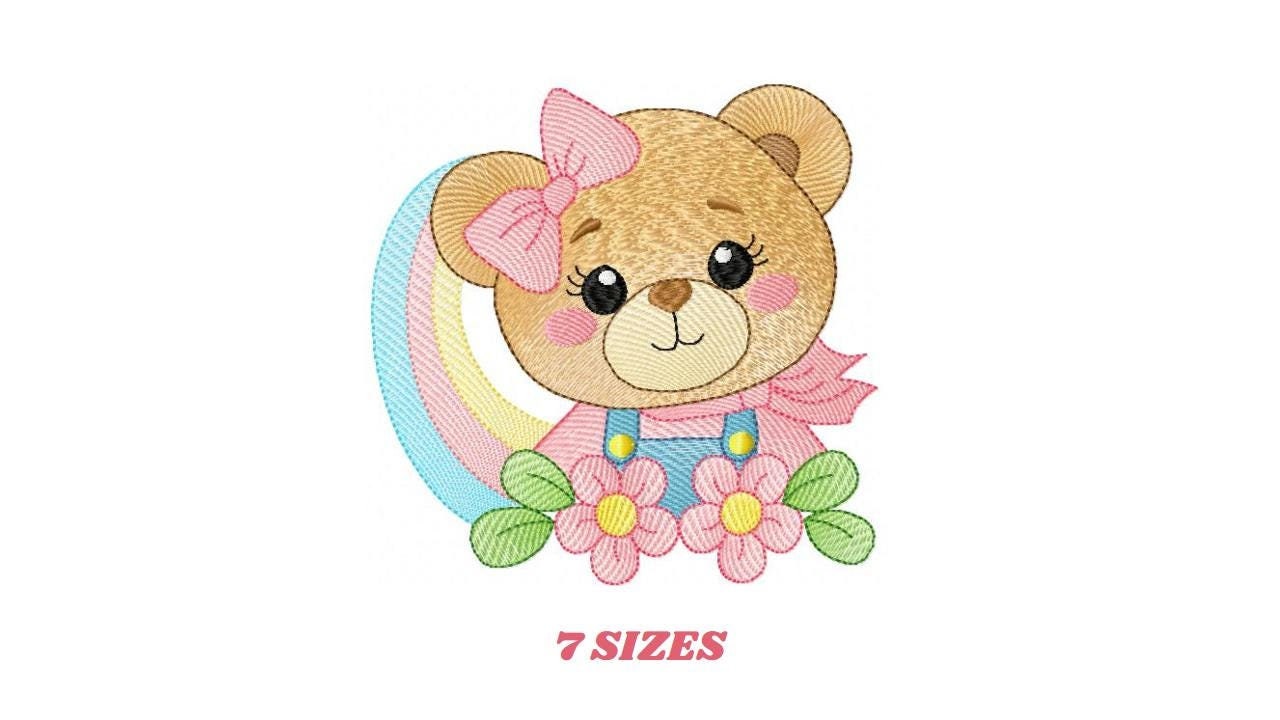 Baby Girl Bear with rainbow embroidery designs - Female Teddy machine embroidery pattern - Instant digital download pes jef dst hus vp3 xxx