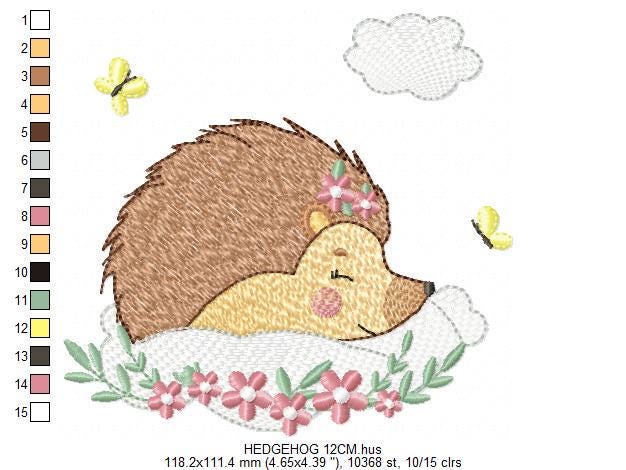 Sleeping Hedgehog embroidery designs - Woodland Female Animal with flowers machine embroidery pattern - Porcupine file - Instant download