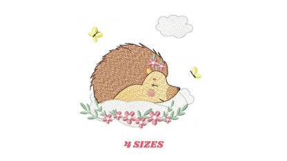 Sleeping Hedgehog embroidery designs - Woodland Female Animal with flowers machine embroidery pattern - Porcupine file - Instant download