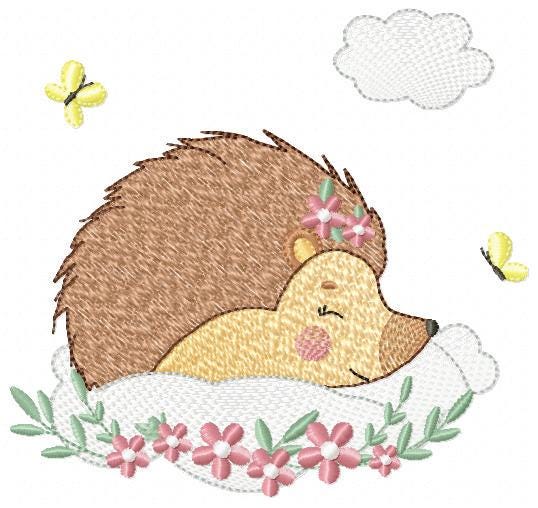 Sleeping Hedgehog embroidery designs - Woodland Female Animal with flowers machine embroidery pattern - Porcupine file - Instant download