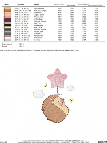 Hedgehog embroidery designs - Woodland Animal machine pattern - Baby Girl Porcupine with star Balloon file - Instant download pes jef dst