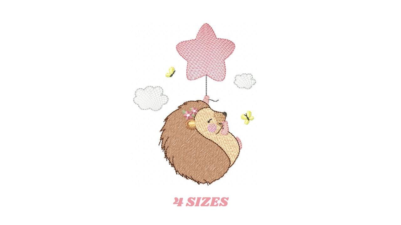 Hedgehog embroidery designs - Woodland Animal machine pattern - Baby Girl Porcupine with star Balloon file - Instant download pes jef dst