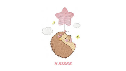 Hedgehog embroidery designs - Woodland Animal machine pattern - Baby Girl Porcupine with star Balloon file - Instant download pes jef dst
