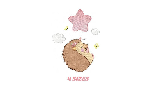 Hedgehog embroidery designs - Woodland Animal machine pattern - Baby Girl Porcupine with star Balloon file - Instant download pes jef dst