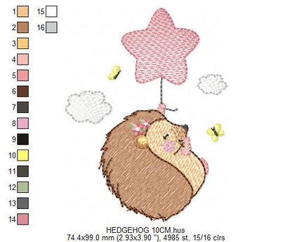 Hedgehog embroidery designs - Woodland Animal machine pattern - Baby Girl Porcupine with star Balloon file - Instant download pes jef dst