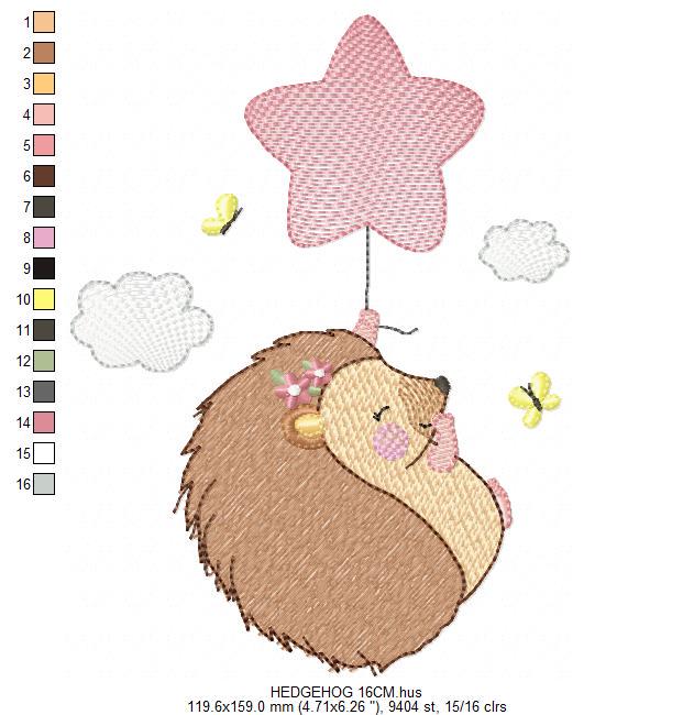 Hedgehog embroidery designs - Woodland Animal machine pattern - Baby Girl Porcupine with star Balloon file - Instant download pes jef dst