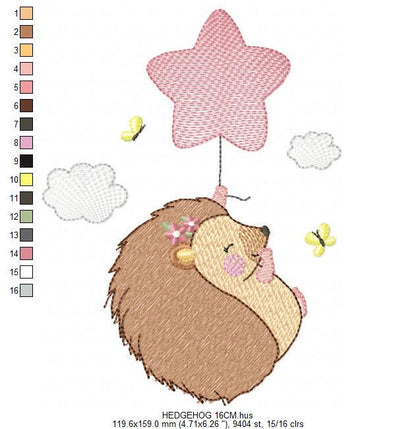 Hedgehog embroidery designs - Woodland Animal machine pattern - Baby Girl Porcupine with star Balloon file - Instant download pes jef dst
