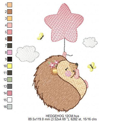 Hedgehog embroidery designs - Woodland Animal machine pattern - Baby Girl Porcupine with star Balloon file - Instant download pes jef dst