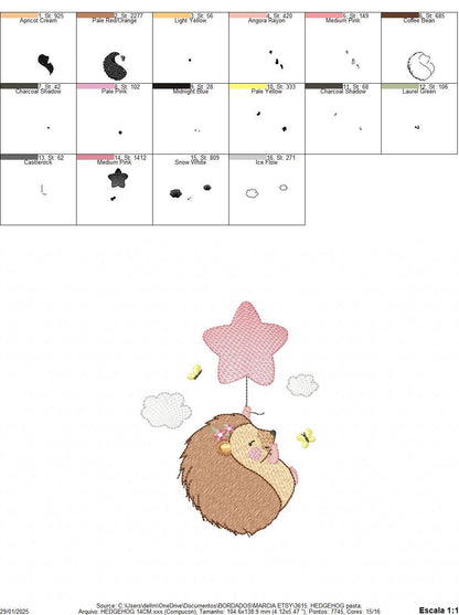 Hedgehog embroidery designs - Woodland Animal machine pattern - Baby Girl Porcupine with star Balloon file - Instant download pes jef dst