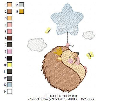 Hedgehog embroidery designs - Woodland Animal machine pattern - Baby Boy Porcupine with star balloon file - Instant download pes jef dst hus
