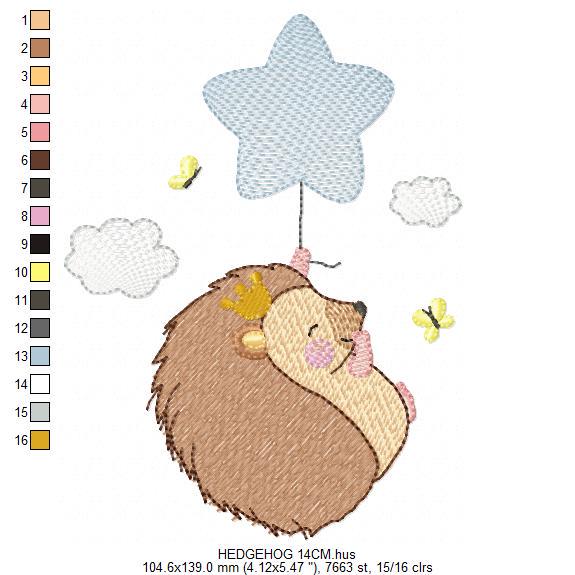 Hedgehog embroidery designs - Woodland Animal machine pattern - Baby Boy Porcupine with star balloon file - Instant download pes jef dst hus