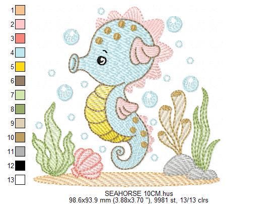 Seahorse embroidery design - Sea Animal machine pattern - Ocean animal algae seaweed shell bubbles - Instant download pes jef dst vp3 hus