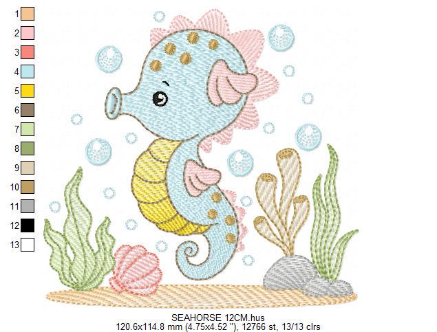 Seahorse embroidery design - Sea Animal machine pattern - Ocean animal algae seaweed shell bubbles - Instant download pes jef dst vp3 hus