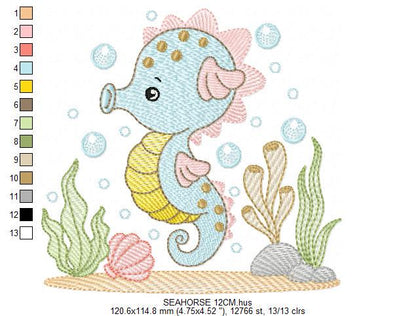 Seahorse embroidery design - Sea Animal machine pattern - Ocean animal algae seaweed shell bubbles - Instant download pes jef dst vp3 hus