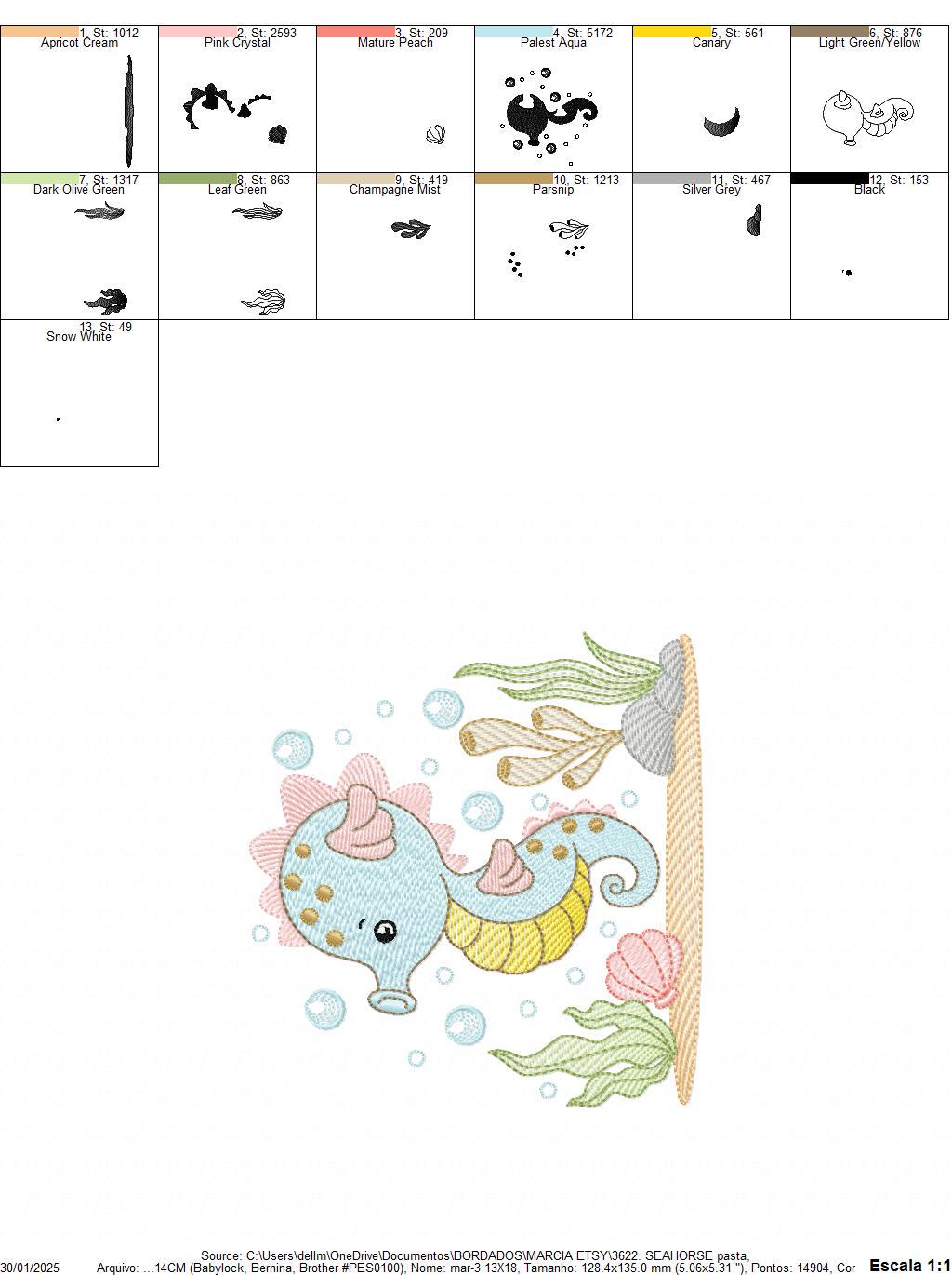 Seahorse embroidery design - Sea Animal machine pattern - Ocean animal algae seaweed shell bubbles - Instant download pes jef dst vp3 hus